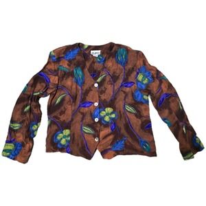 Rust/Blue Floral Print Button Front Long Sleeve Blouse Top, Tie back, pretty (i)